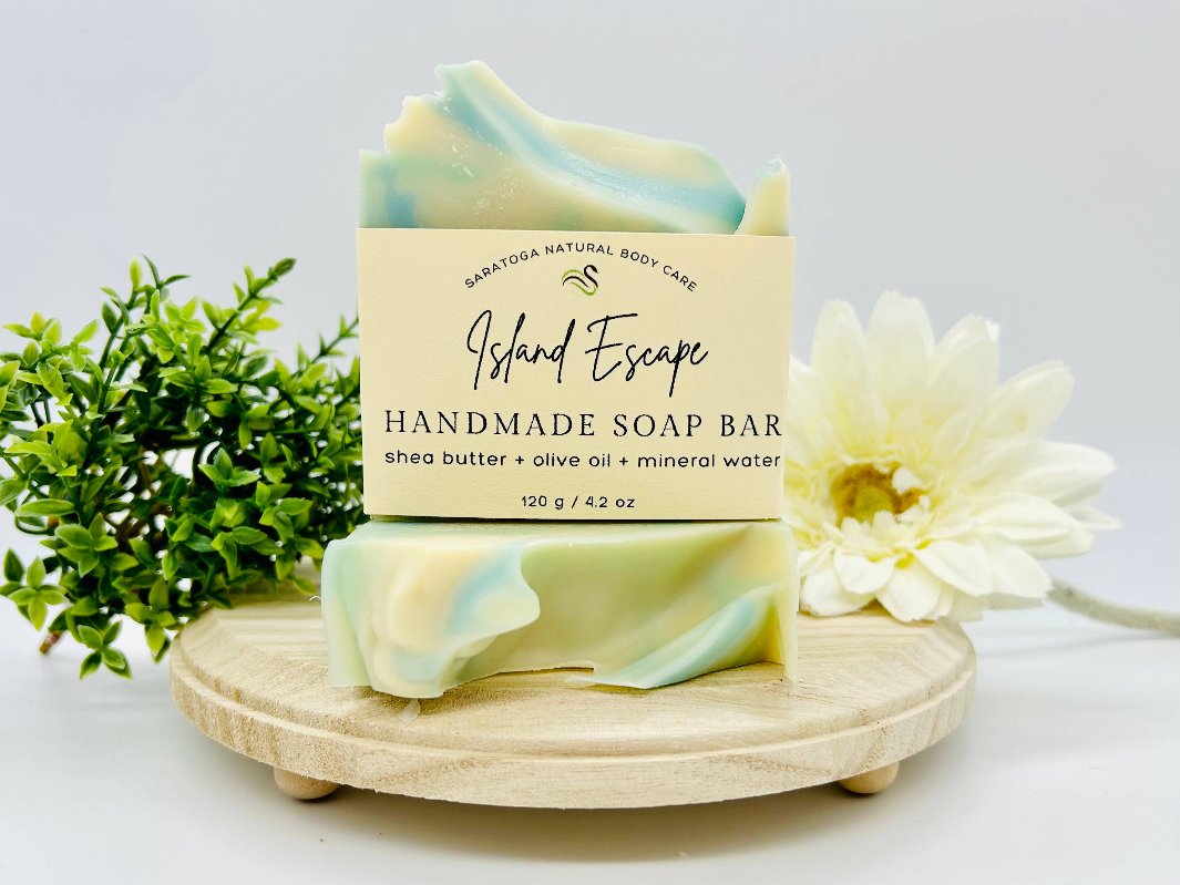 Island Escape Tropical Soap bar with eco-friendly packaging.
