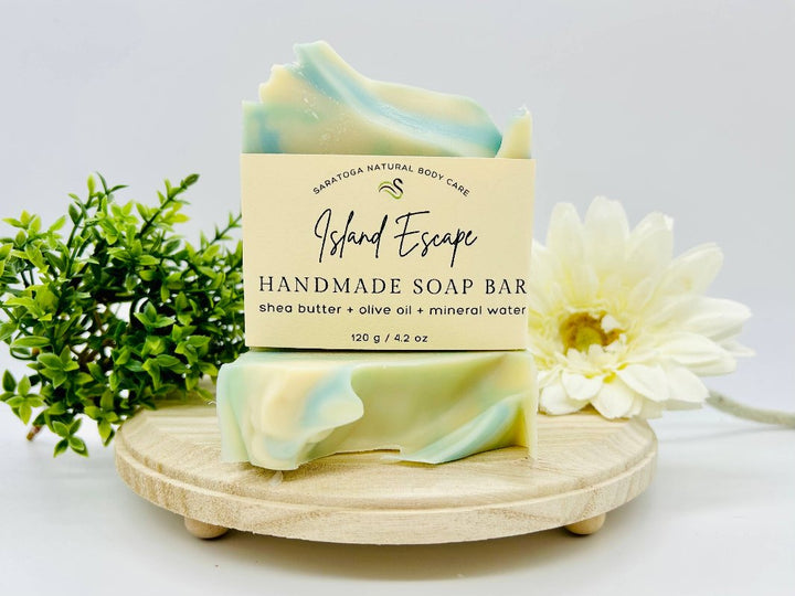 Island Escape Tropical Soap bar with eco-friendly packaging.