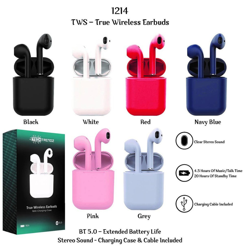 True Wireless Earbuds in black, white, red, navy blue, pink and grey color ways.