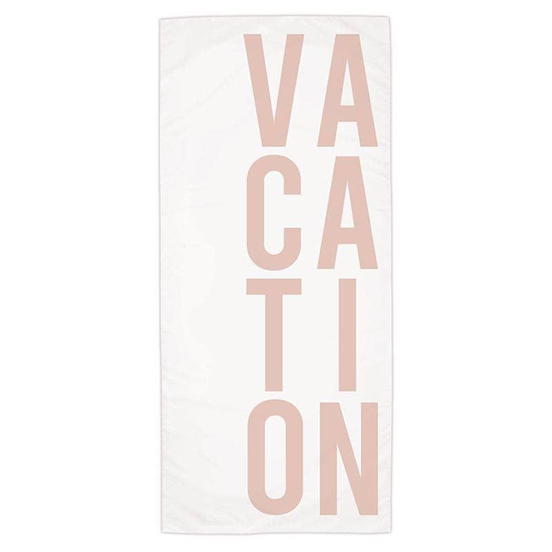 Quick-dry oversized beach towel with 'VACATION' in big pink writing, includes pouch and elastic hook.