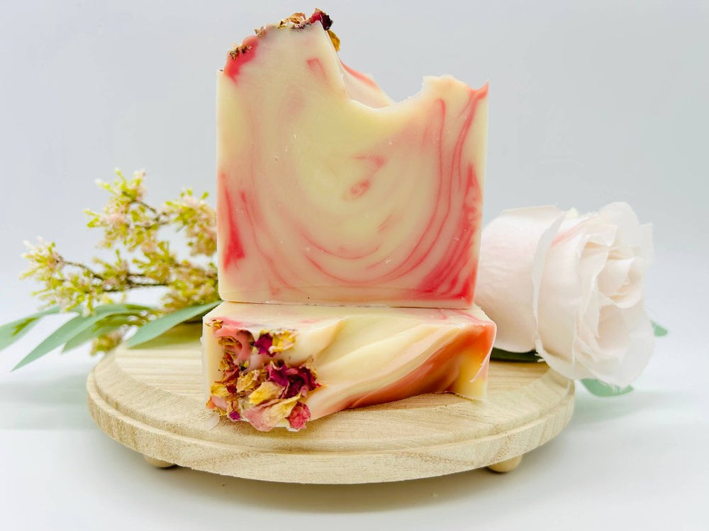 Close-up of Wild Rose Handmade Soap showcasing its delicate floral design.