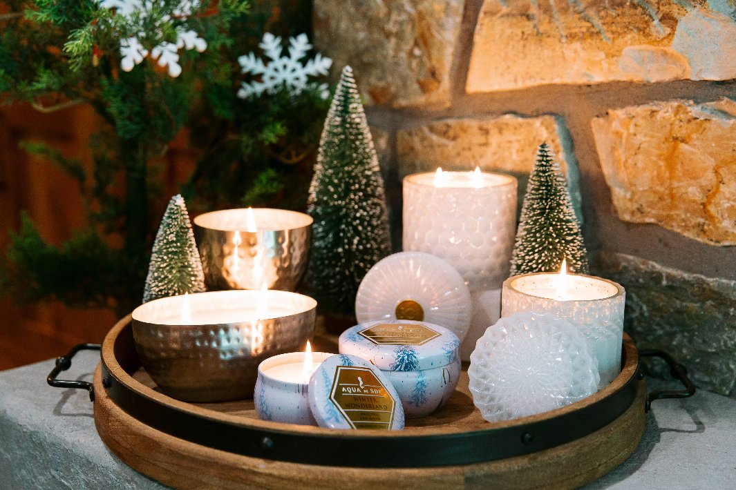 Winter Wonderland Holiday Candles display. 