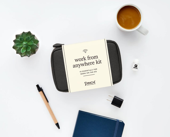 The kit displayed on a desk with cup of coffee and succulent.