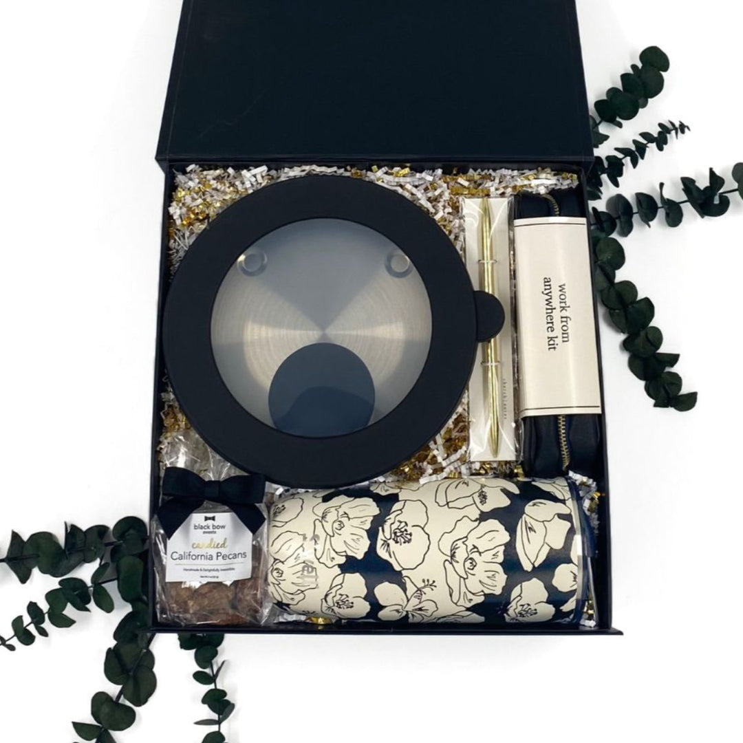 Work and Bloom Essentials Gift Box featuring salad bowl, tumbler, pen, Work From Anywhere kit, and pecans in elegant packaging.