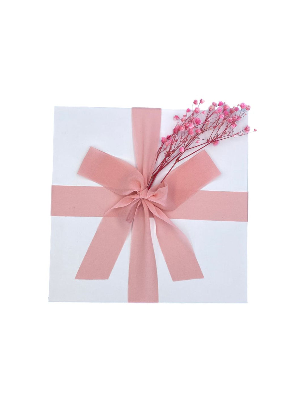 World of Gifting Gift Box with Peach Chiffon Ribbon and pink dried flowers.